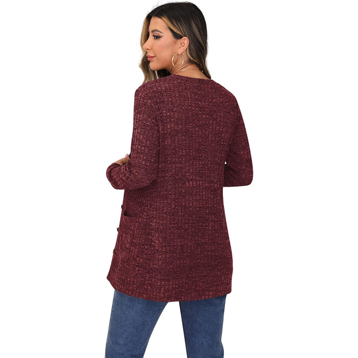 Жіночий в'язаний кардиган Grecerelle з довгими рукавами, V-подібним вирізом, з кишенями та ґудзиками, бордовий, осінь, м'який, елегантний, трикотажний