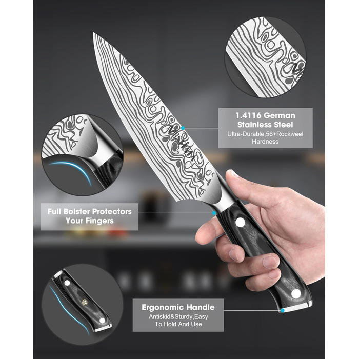 Ніж Santoku MOSFiATA 18 см, кухонний ніж з нержавіючої сталі EN 1.4116, дерев'яна ручка, набір 2 шт.