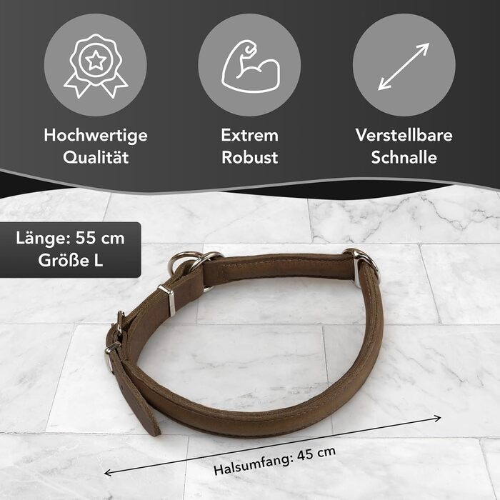 Rund & Weich - Stop Dog Collar Brown L - 55cm with Adjustable Buckle and Integrated Stable Core, Leather Collar with Pull Limiter, Pull Stopper Gentle on Fur, Cowhide Leather