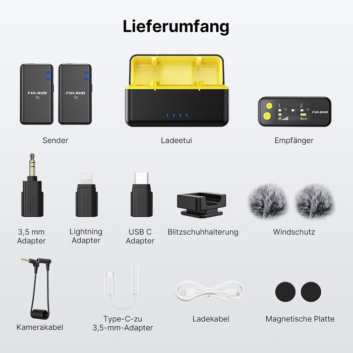 Бездротове петличне мікрофону FULAIM X6S для iPhone, Android, з AI-шумопоглинанням, 48 кГц/24 біт, з кейсом для зарядки та зберігання, для відеозйомки та Vlogging