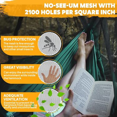 Гамак-москітна сітка NATUREFUN для кемпінгу, 300 кг, армійний зелений (275 x 140 см), швидковисихаючий нейлон, 2 карабіни, 4 шлейки