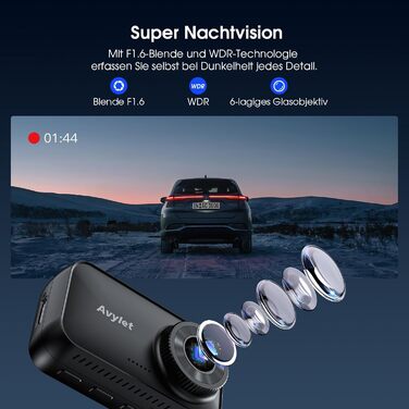 Автомобільний відеореєстратор Avylet 4K/2.5K+1080P з передньою та задньою камерами, 64GB SD карта, 5GHz WiFi, ADAS, 2.7