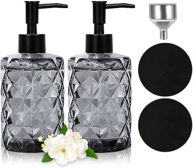 Диспенсер для мила чорний скляний для ванної кімнати та кухні, 330 мл. Помпа з нержавіючої сталі, підставка. Vintage стиль