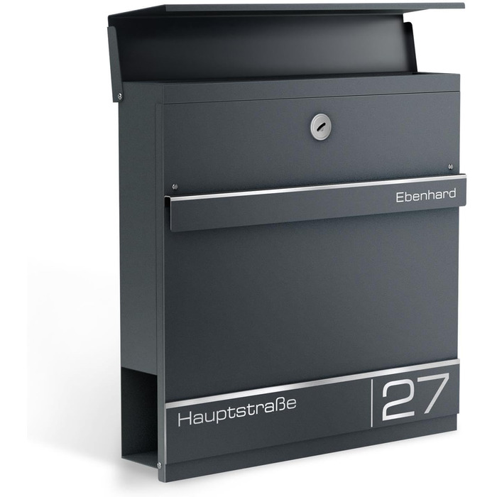 Поштова скринька Metzler Hermann Anthrazit RAL 7016 з газетницею та номерним знаком – персоналізована лазерним гравіюванням. Сучасна водонепроникна та антикорозійна поштова скринька