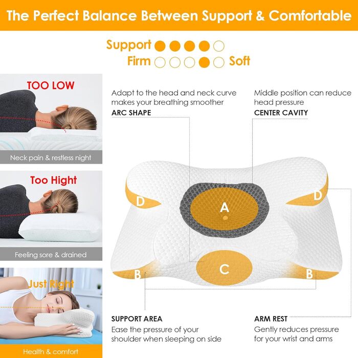 Ортопедична подушка Gaethra з Memory Foam для шиї, регульована висота, 63 x 34 x 9/12 см, білий