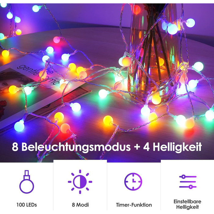 LED гірлянда на батарейках, 39 метрів, кульки, тепле біле світло, для дому та саду, IP65, диммування, пульт, для прикраси кімнат, святкування, вечірки, Різдва