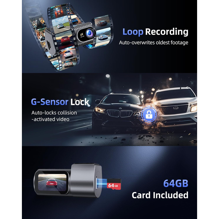 Відеореєстратор для авто 4K C200: 360° поворотний, 64GB карта, WiFi, нічна зйомка, паркування, G-сенсор, IPS дисплей