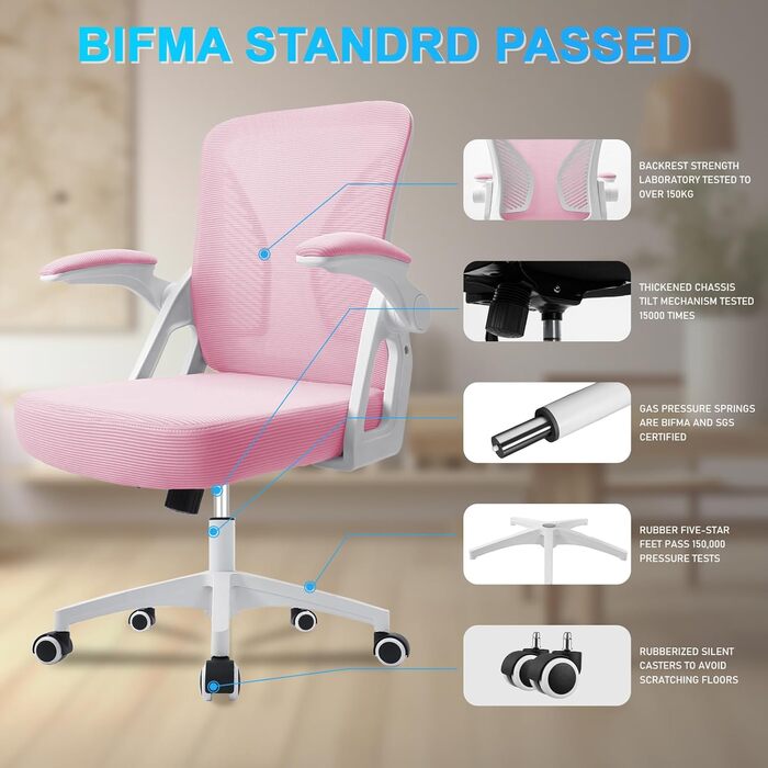 Офісний стіл з регульованими підлокітниками, ергономічний стілець для офісу з сітчастою спинкою, підтримкою попереку, регульованою висотою, м'яким сидінням, поворотний на 360°, (Рожевий)