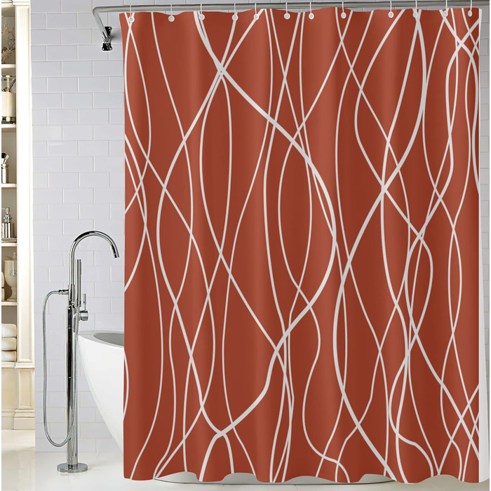 Шторка для душу M&W Design з поліестеру, з лініями, антигрибкова, водовідштовхувальна, з 12 гачками, обтяжена нижня частина, мінімалістичний дизайн, стійка до вицвітання, 180x200 см, білий (H200 x B180 см, упаковка 1 шт.), червоний