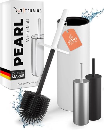 Набір для чищення унітазу TORBING Design з нержавіючої сталі - якісна щітка з закритим тримачем, силіконова щітка з ефектом лотоса, сучасний дизайн, елегантні кольори, подовжений ручка (Матовий перлинний білий)