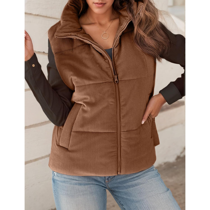 Жіноча тепла жилетка FEOYA на осінь/зиму з коміром-стійкою, без рукавів, коричневого кольору (XL)