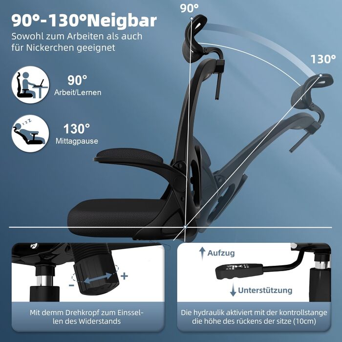 Офісний крісло з підголівником та підтримкою попереку, ергономічне, з регулюванням нахилу до 130°, з відкидними підлокітниками, поворотне, чорне, модель Ⅰ, до 150 кг