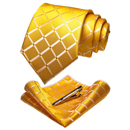 Чоловіча краватка в клітку JEMYGINS для весілля, жовта, з хустинкою та затискачем для краватки
