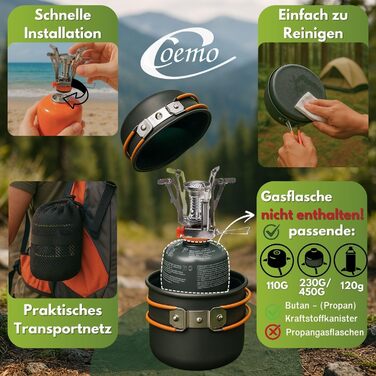 Набір посуду Coeo 7 предметів для приготування їжі на відкритому повітрі (каструля, сковорода, столові прибори, чашка) - зелений