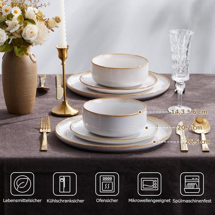 Набір посуду Onader для 6 осіб (18 предметів) - набір столового сервісу з тарілок, мисок, десертних тарілок, бежевий перламутровий, стійкий до миття в посудомийній машині та подряпин