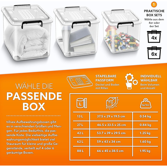 tillvex® Storage Boxes with Lid, 4-Piece Set - 13 Liters, Food Safe | Plastic Boxes Set Stackable | Storage Organization System Box Large | Storage Boxes Clothes Boxes 100% New Material