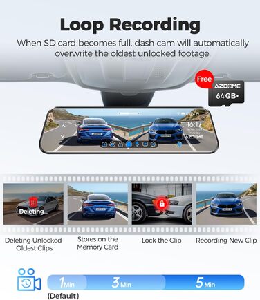 Dashcam AZDOME PG17 4K: Дзеркало заднього виду з відеозаписом, WiFi, GPS, нічне бачення, голосове керування, 64GB карта в комплекті