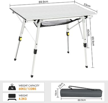 Складний алюмінієвий стіл для кемпінгу Portal 90x53 см, регульована висота, на 4 особи, сріблястий