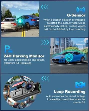 Відеореєстратор 4K WiFi з App-керуванням, 64GB SD-карта, кріплення, IPS 1.47', 170° кут огляду, Нічне бачення, WDR, G-сенсор, циклічна запис, 24/7 паркувальний режим