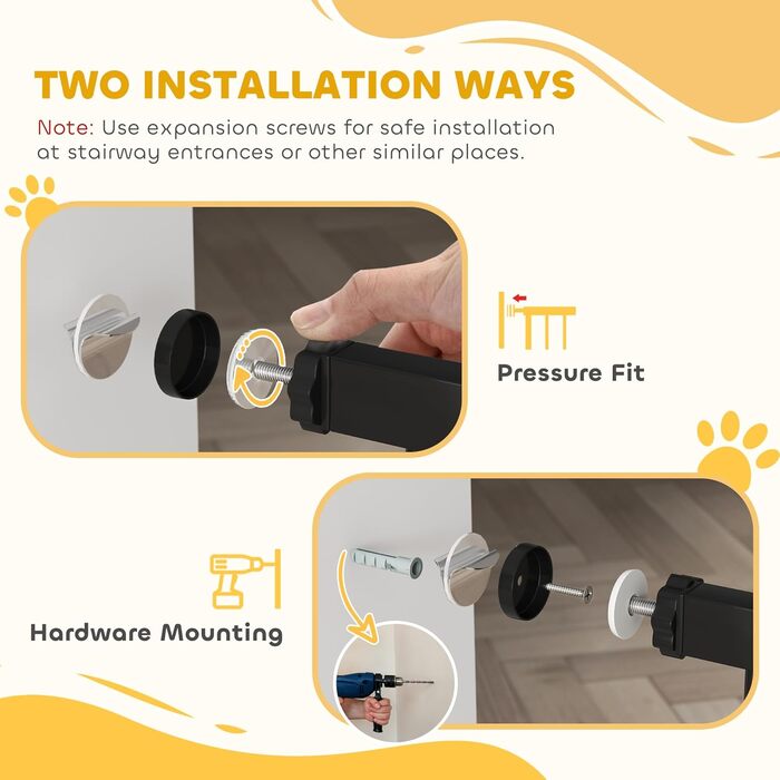 PawHut Бар'єр для собак, ворота з регульованою шириною 76-104 см, захисний ґрат для собак з 2 розширеннями, подвійний замок та маленькі дверцята для сходів та дверей, білий