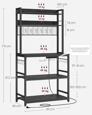 Стелаж кухонний VASAGLE з розетками, для мікрохвильової печі, з решіткою, 14 гачків, 40 x 80 x 170 см, антрацит-чорний