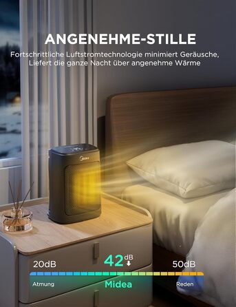 Електричний обігрівач Midea Ceramic 2000W з термостатом, 3 режими, таймер 24г, захист від перегріву та перекидання, миттєве тепло для офісу та спальні, 22 см, чорний