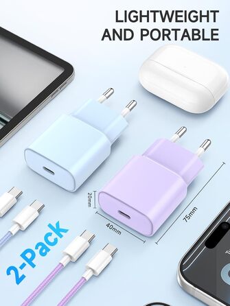 Зарядний пристрій 20W USB-C для iPhone 17/16/15, 2 шт. + Кабель USB-C 2м, PD3.0, блакитний+ліловий
