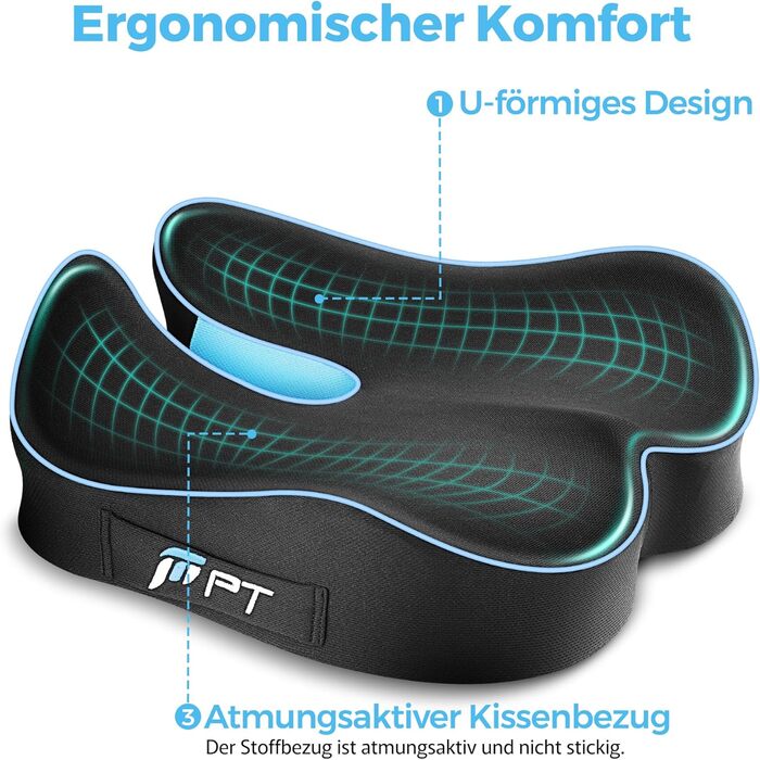 Подушка для сидіння POOTACK з memory foam - для офісного крісла, автосидіння та дому, м'яка підтримка спини, дихаючий чохол, блакитно-чорний
