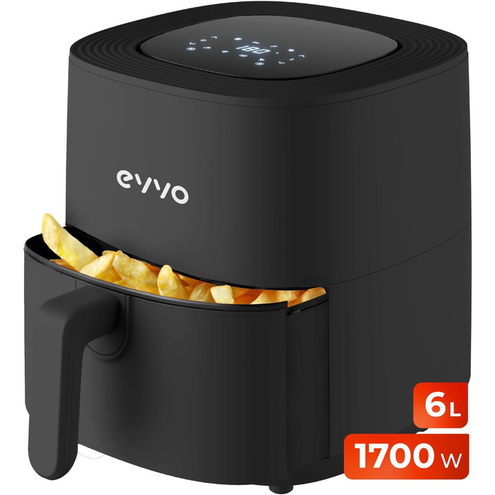 Фритюрниця EVVO без олії, 6 л, 1700 Вт, антипригарне покриття, Dual-Cyclon технологія, багатофункціональна, для випікання, дегідратації, розморожування, до 200°C, автоматичне вимкнення, білий колір