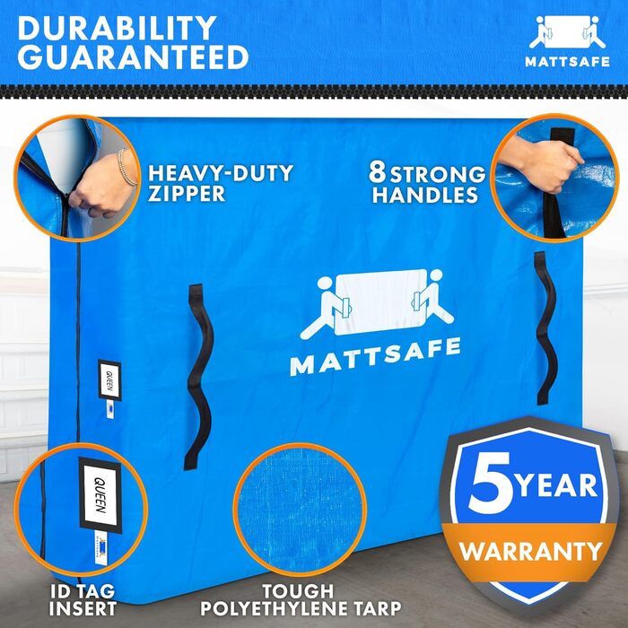 Moving and Storage Bag with 8 Handles - Queen Size - Reusable Cover with Heavy-Duty Zipper - Extra Thick Mattress Protector - MATTSAFE by Nordic Elk