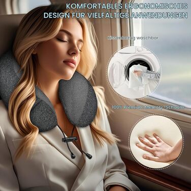 Подушка для подорожей під шию з ефектом пам'яті (Memory Foam) з маскою для сну 3D та берушами, сіра — ідеальна для літака, авто та офісу