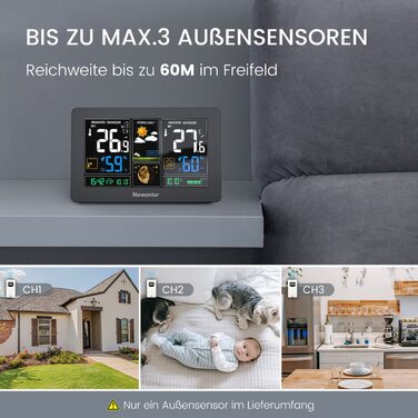 Newentor Weather Station Radio with 2 Outdoor Sensors - Radio Weather Station with Weather Forecast, Temperature Warning, DCF Radio Clock - Battery Powered and Mains Powered, White 1*Station + 2*Outdoor Sensor White
