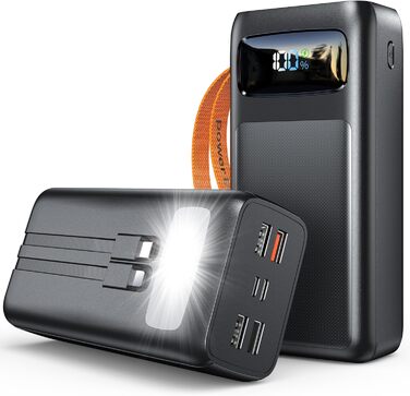 Портативний зарядний пристрій Power Bank 50000mAh з PD 30W, LED-дисплеєм, 7 виходами, ліхтариком та USB-C кабелем. Чорний.