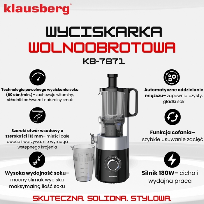 Повільна соковижималка Klausberg горизонтальна одношнекова, 180 Вт, 0,70 л