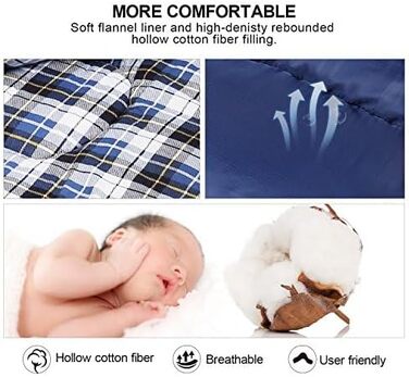 REDCAMP XL Cotton Sleeping Bag - Warm, Detachable Hood, Flannel Comfort, 3-4 Season - Ideal for Adults & Kids, Camping, Fishing, Outdoor Use - Blue (2lbs/3lbs Fill)