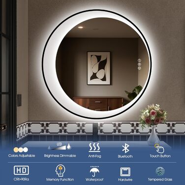 Дзеркало для ванної кімнати STARLEAD з LED-підсвічуванням 90x60 см, Bluetooth, регулювання яскравості, 3 кольори світла, протитуманне покриття, функція пам'яті, HD скло, IP44, горизонтальне/вертикальне, без рамки