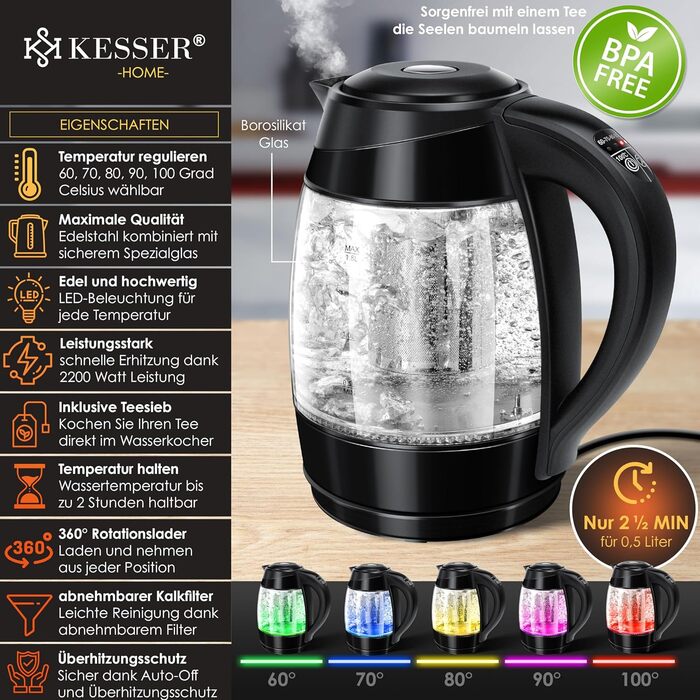 Електричний чайник KESSER 1,8 л зі сталі та скла з LED підсвічуванням, зміною кольору за температурою (60–100°C), ситечком для чаю, фільтром від накипу, функцією підтримки тепла, чорний