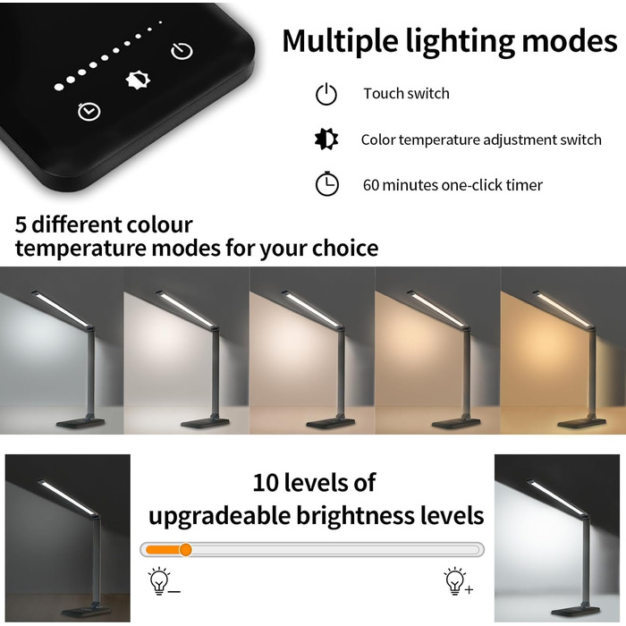 LED лампа настільна LQWELL® з регулюванням яскравості, металева, 5 кольорів, 10 рівнів яскравості, USB-зарядка, сенсорне управління, пам'ять, для дітей, чорна, QM019