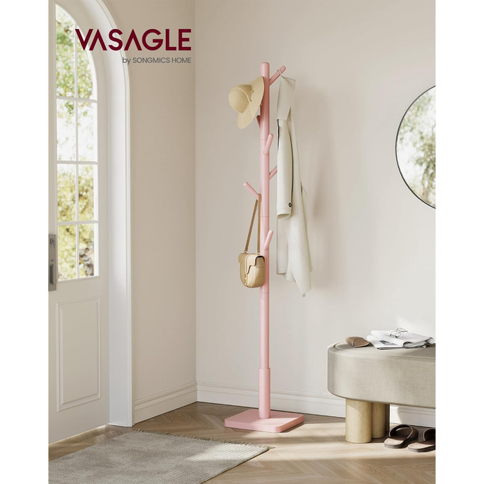 VASAGLE Coat Rack, Clothes Rack Solid Wood, Tree Shape Jacket Stand, 8 Hooks for Jackets, Hats, for Entryway, Hooks and Hold Bar Made of Rubber Wood, Cloud White RCR00W02 (Pastel Pink, 1)