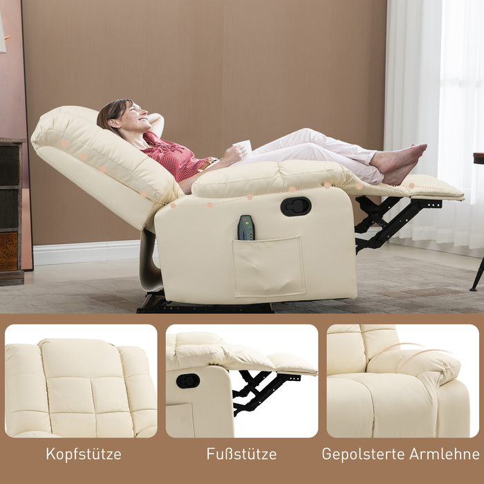 HOMCOM Recliner with Lie-flat Function (Manual), Weight Capacity 160 kg, Electric Recliner with Lie-flat Function, Heating Function, Cream White | Aosom.d