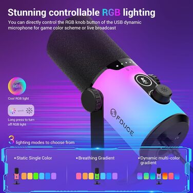 Ігровий мікрофон FDUCE з USB/XLR підключенням для стрімінгу, запису подкастів та співу з RGB-підсвіткою, регулятором посилення та навушниками (D20+)