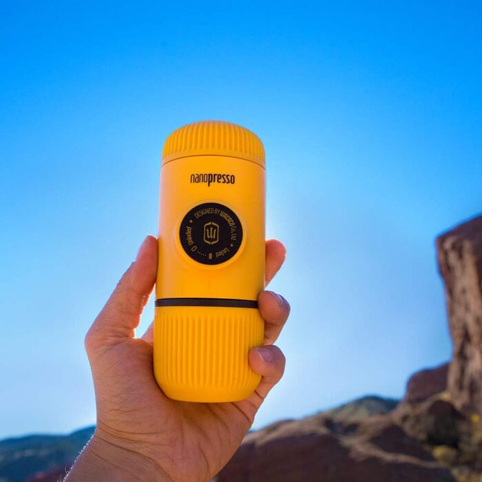 WACACO Nanopresso Portable Espresso Machine, Upgrade Version of Minipresso, 18 Bar Pressure, Small Travel Coffee Machine, Without Protective Case, Manual Operation, for Camping and Hiking, (Yellow)