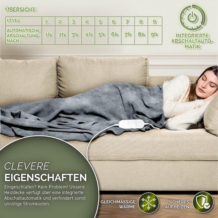 Електрична гріюча ковдра Sinnlein® з плюшу 200 x 180 см | 9 температурних режимів, таймер, автовимкнення, миється до 40°C, світло-сіра | Ковдра для сну та відпочинку