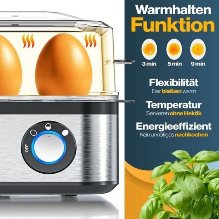 Електричний яйцеварка KESSER® на 1-8 яєць з нержавіючої сталі, 500W, функція підігріву, LED-регулятор, 3 ступені нагріву, BPA-Free, придатний для миття в посудомийній машині, мірна склянка, утримувачі для яєць та форма для омлету, срібно-чорний/срібний