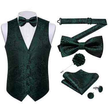 Костюмний аксесуар для чоловіків DiBanGu: 7-елементний комплект з краваткою, краватковою шпилькою та нагрудником, підходить для ділових костюмів та вечірнього одягу (Смарагдово-зелений та Чорний)