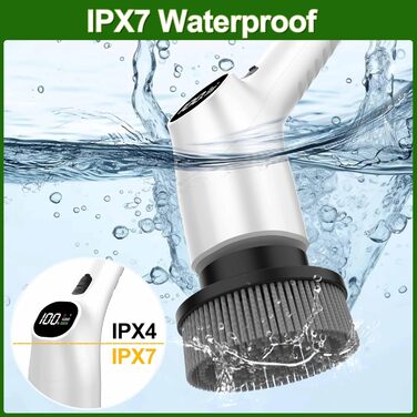 Електрична щітка для чищення з 7 насадок, IPX7 водонепроникна, регульована ручка, для ванної кімнати (біла)