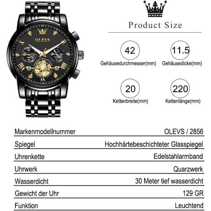 Годинник чоловічий OLEVS з металевим ремінцем, кварцовий, з місячною фазою, хронограф, водонепроникний, чорний (2856)