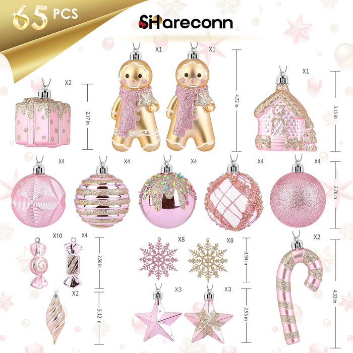 Набір прикрас на ялинку Shareconn 65 шт. - пластикові ялинкові кулі, міцні, з мотузкою, різні розміри та кольори (червоний, білий, рожевий, золотий)