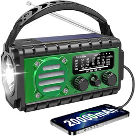 Сонячне радіо Kurbelradio з Powerbank 20000 mAh, AM/FM/SW/WB, Радіо погоди, 4 джерела живлення, ліхтарик, USB-C зарядний пристрій, SOS-сигнал, водонепроникність IPX6 для відпочинку на природі, кемпінгу, будівельних майданчиків (зелене)