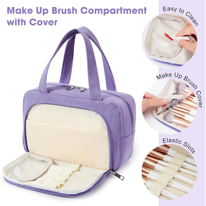Косметичка велика для жінок Kalidi з багатьма відділеннями та відділенням для пензликів. Косметичний органайзер, сумочка для макіяжу, валізка, фіолетовий колір.